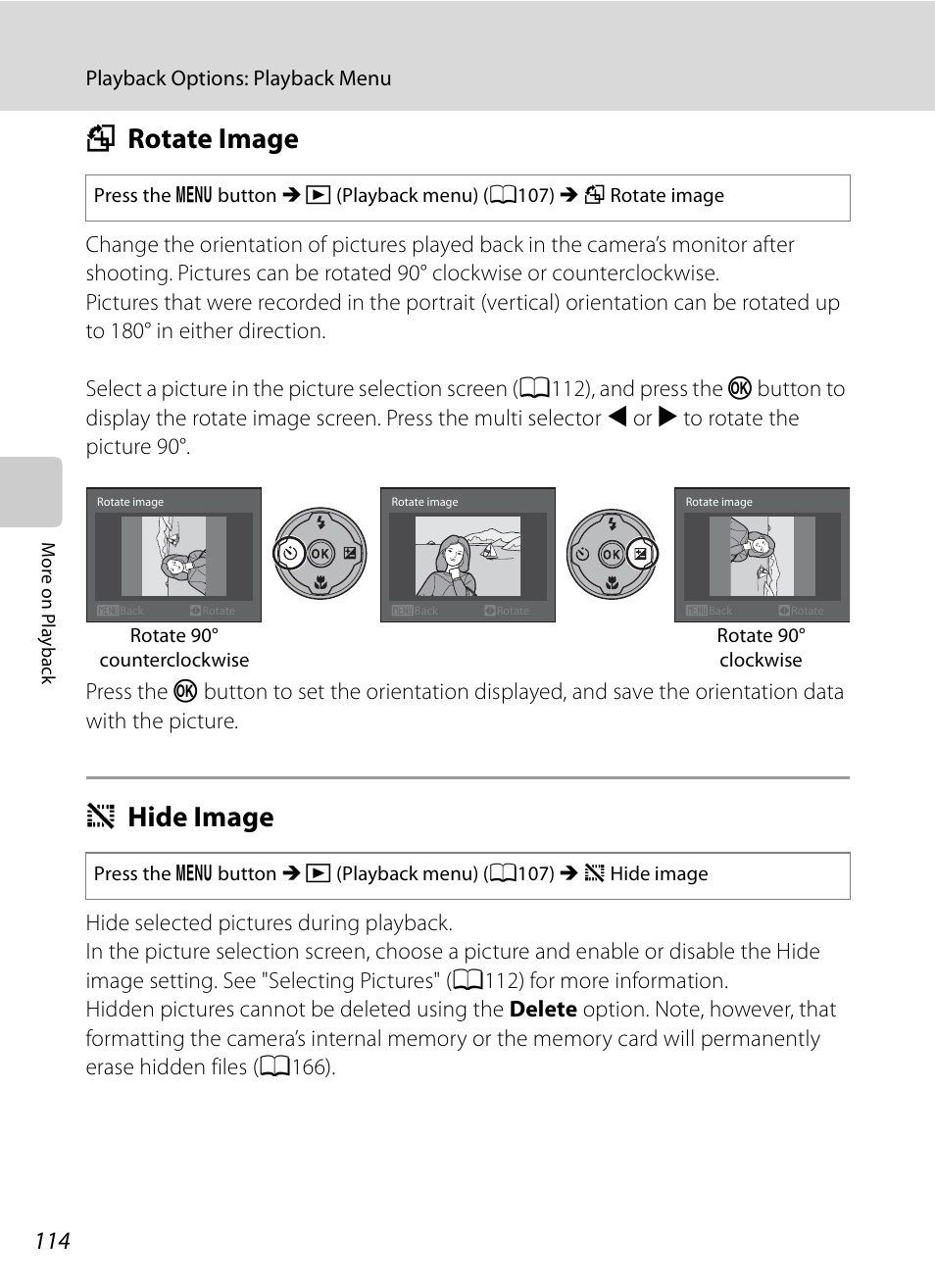 Rotate image, Hide image, F rotate image i hide image | A114), A114, F rotate image, I hide image | Nikon COOLPIX-P100 User Manual | Page 126 / 216