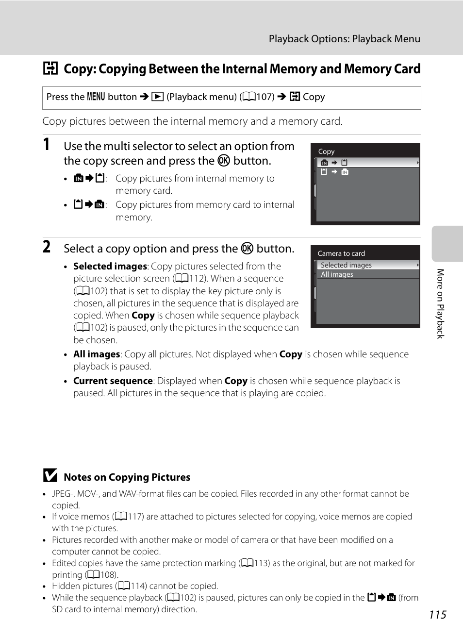 A115), A115, Select a copy option and press the k button | Nikon COOLPIX-P100 User Manual | Page 127 / 216