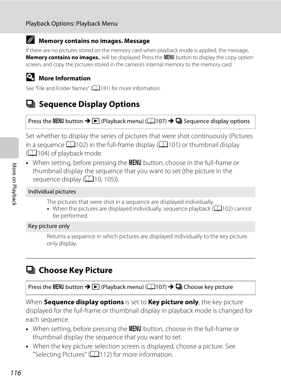 Sequence display options, Choose key picture, C sequence display options c choose key picture | A116), A116, C sequence display options, C choose key picture | Nikon COOLPIX-P100 User Manual | Page 128 / 216