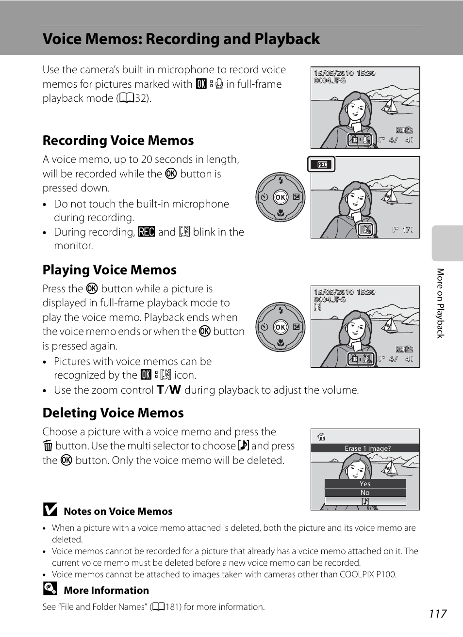 Voice memos: recording and playback, Recording voice memos, Playing voice memos | Deleting voice memos, S (a117), A117) | Nikon COOLPIX-P100 User Manual | Page 129 / 216