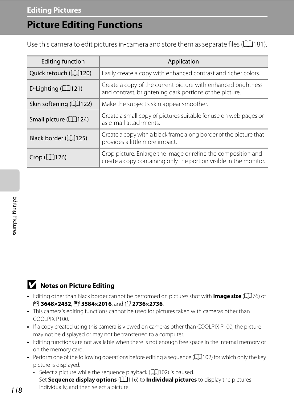 Editing pictures, Picture editing functions, Editing pictures" (a118) | A118) | Nikon COOLPIX-P100 User Manual | Page 130 / 216