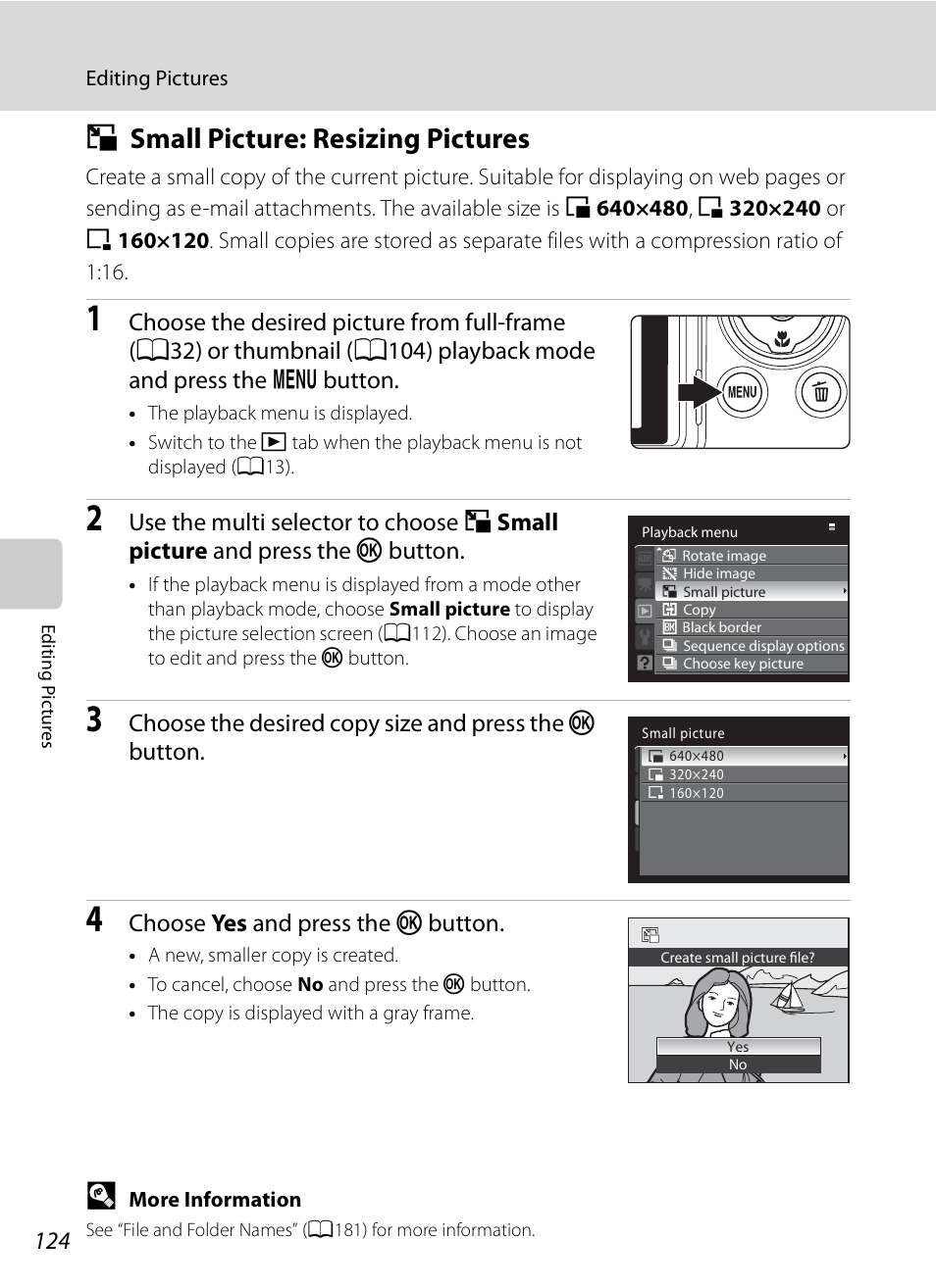 Small picture: resizing pictures, G small picture: resizing pictures, A124 | A124) | Nikon COOLPIX-P100 User Manual | Page 136 / 216