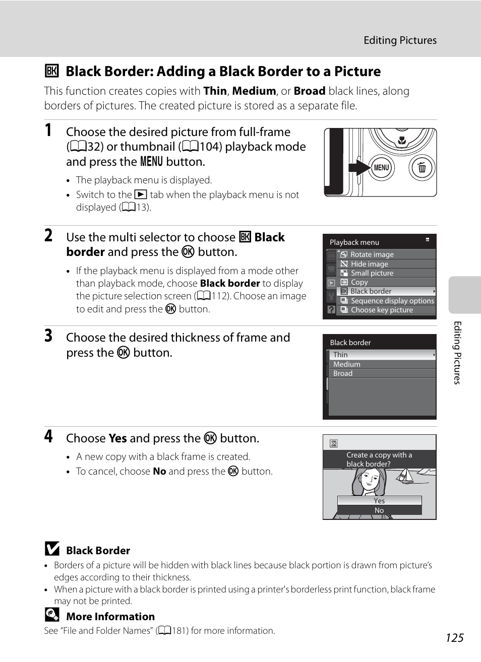 Black border: adding a black border to a picture, J black border: adding a black border to a picture, A125 | A125) | Nikon COOLPIX-P100 User Manual | Page 137 / 216
