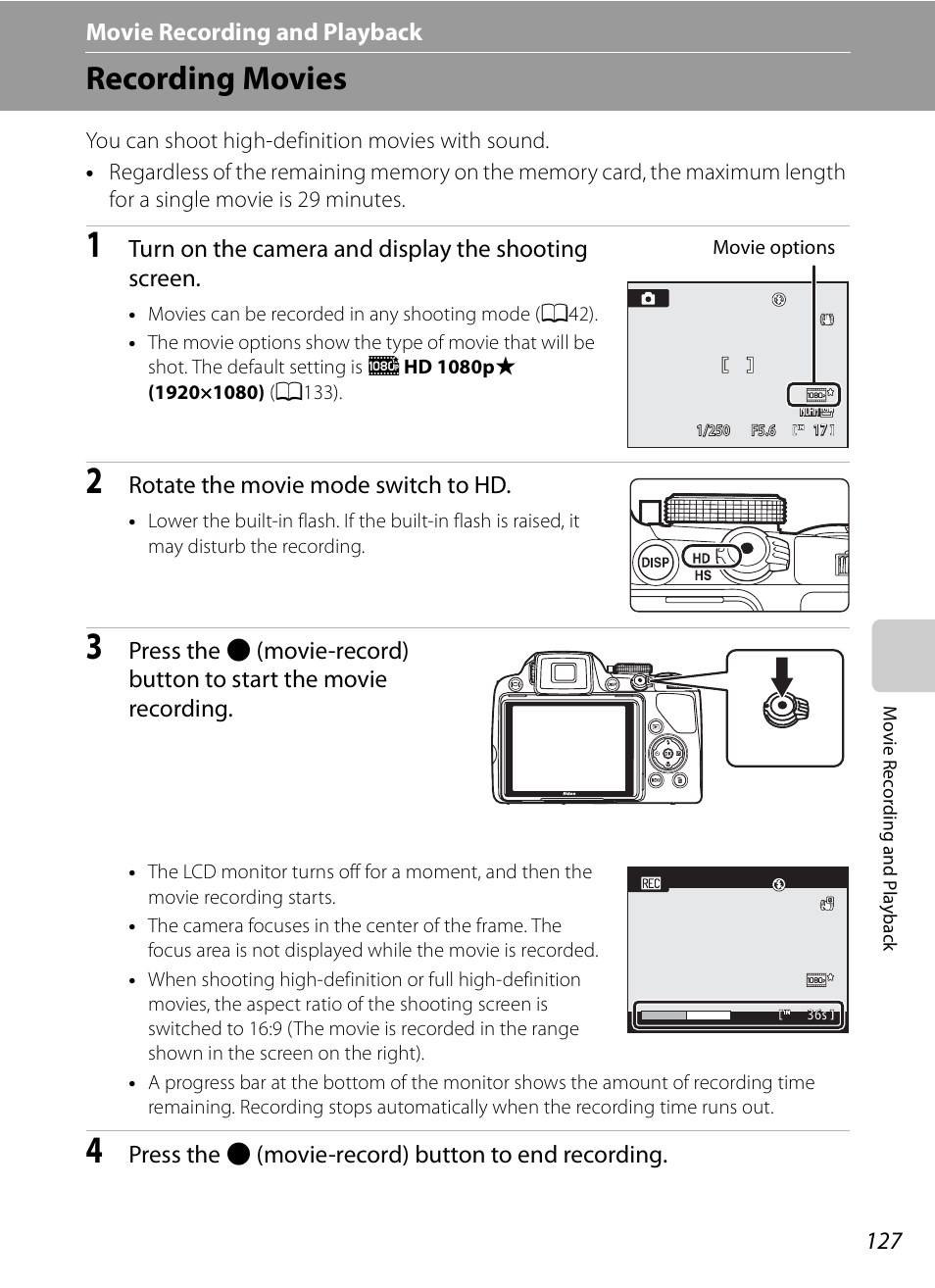 Movie recording and playback, Recording movies, A127) | Turn on the camera and display the shooting screen, Rotate the movie mode switch to hd, Press the b (movie-record) button to end recording | Nikon COOLPIX-P100 User Manual | Page 139 / 216
