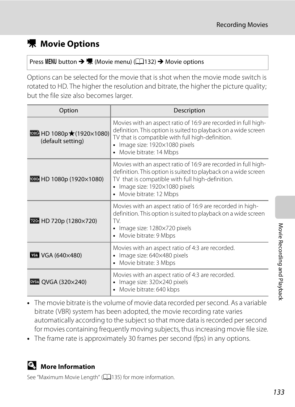 Movie options, D movie options, A133) | A133 | Nikon COOLPIX-P100 User Manual | Page 145 / 216