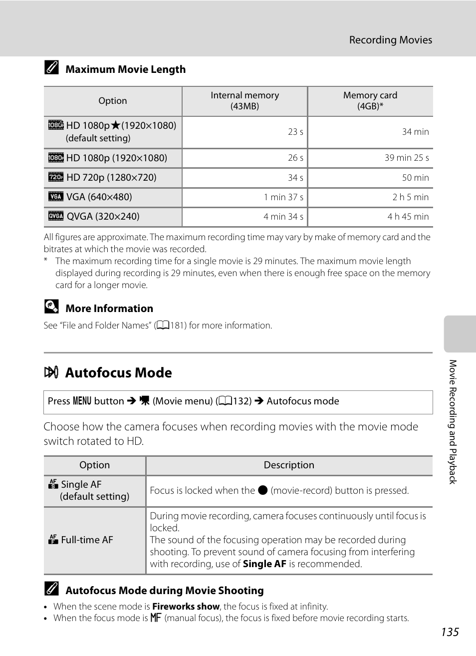 Autofocus mode, I autofocus mode, A135) | A135 | Nikon COOLPIX-P100 User Manual | Page 147 / 216