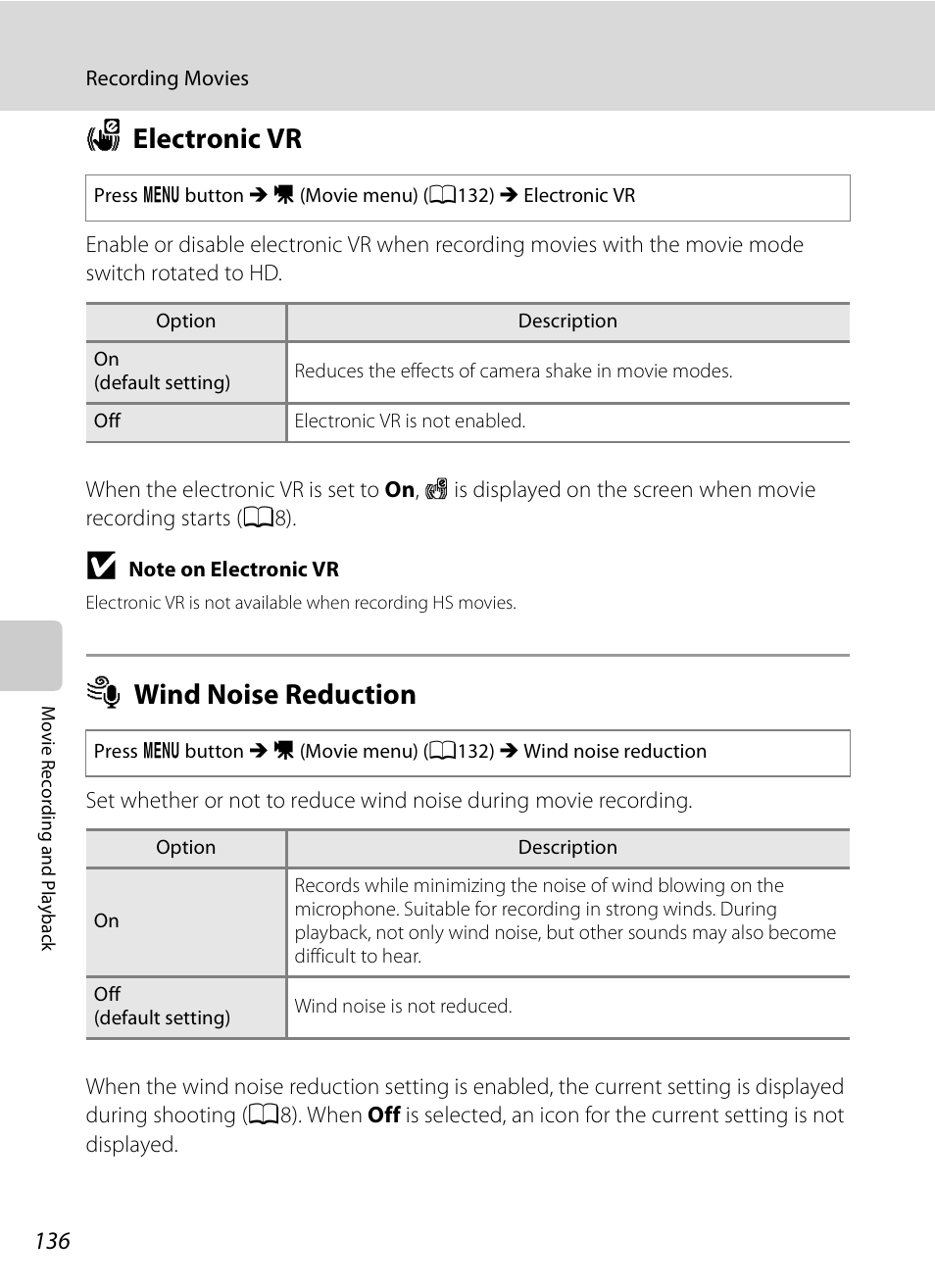 Electronic vr, Wind noise reduction, W electronic vr y wind noise reduction | A136, W electronic vr, Y wind noise reduction | Nikon COOLPIX-P100 User Manual | Page 148 / 216