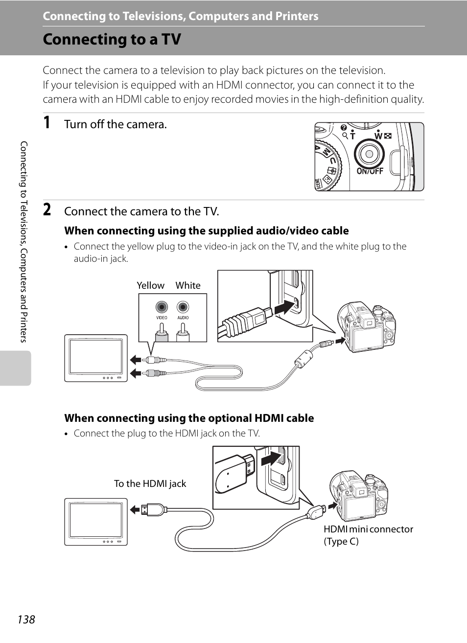 Connecting to televisions, computers and printers, Connecting to a tv | Nikon COOLPIX-P100 User Manual | Page 150 / 216