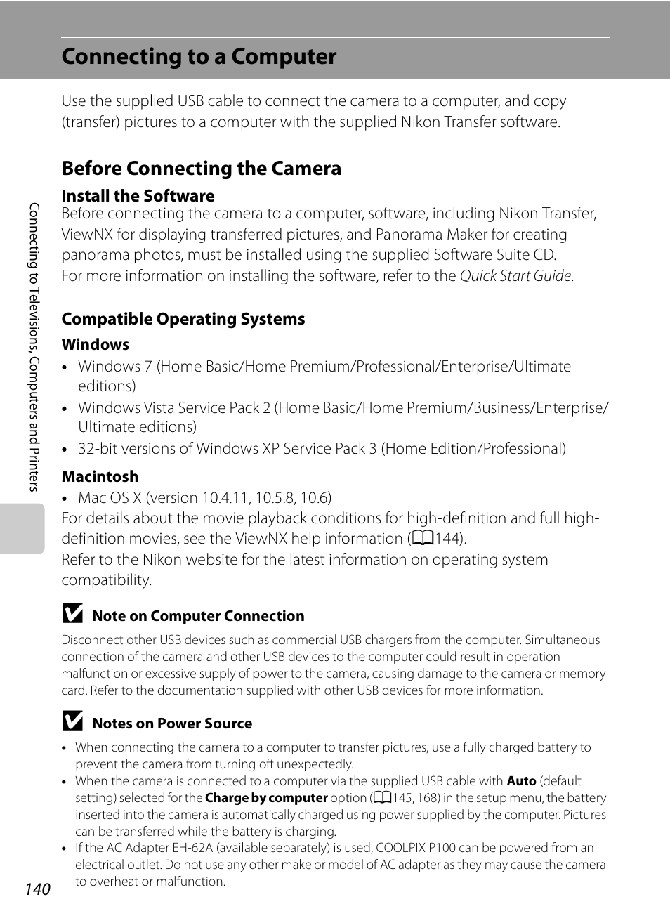 Connecting to a computer, Before connecting the camera, A140) | Install the software, Compatible operating systems | Nikon COOLPIX-P100 User Manual | Page 152 / 216