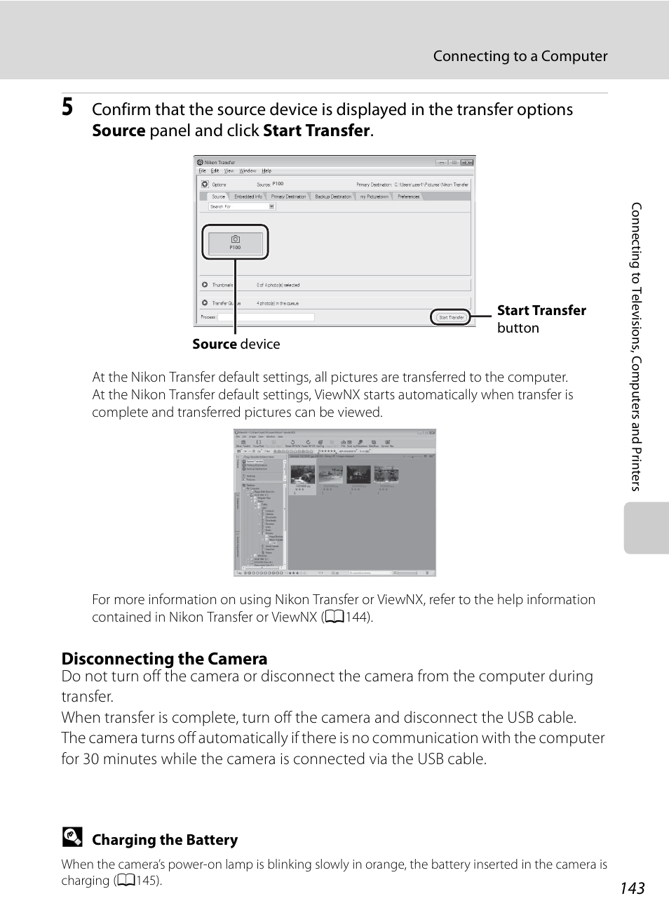Disconnecting the camera | Nikon COOLPIX-P100 User Manual | Page 155 / 216