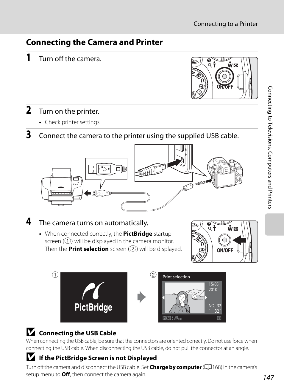 Connecting the camera and printer, A147) | Nikon COOLPIX-P100 User Manual | Page 159 / 216