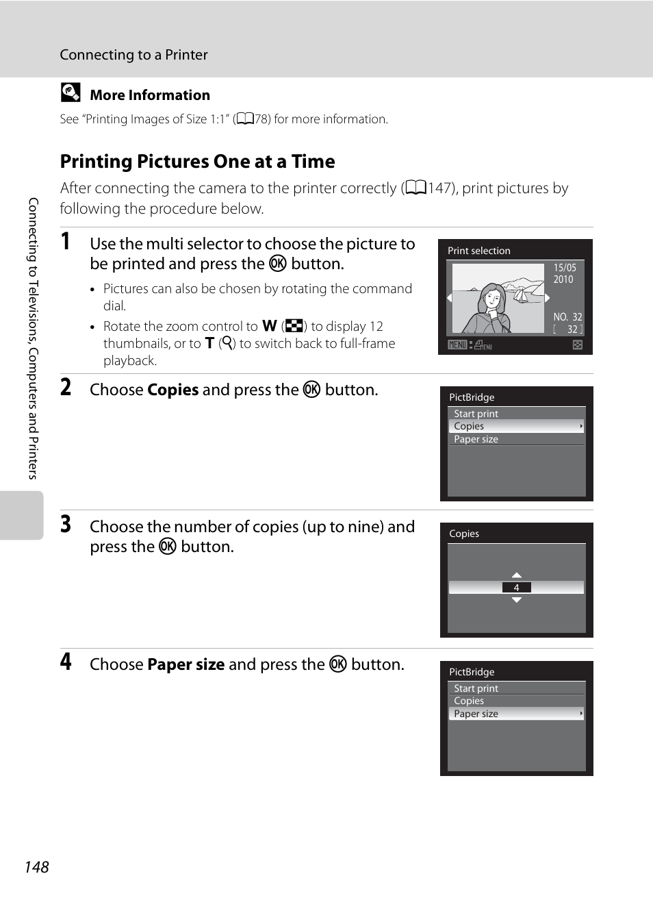 Printing pictures one at a time, A148), Choose copies and press the k button | Choose paper size and press the k button | Nikon COOLPIX-P100 User Manual | Page 160 / 216