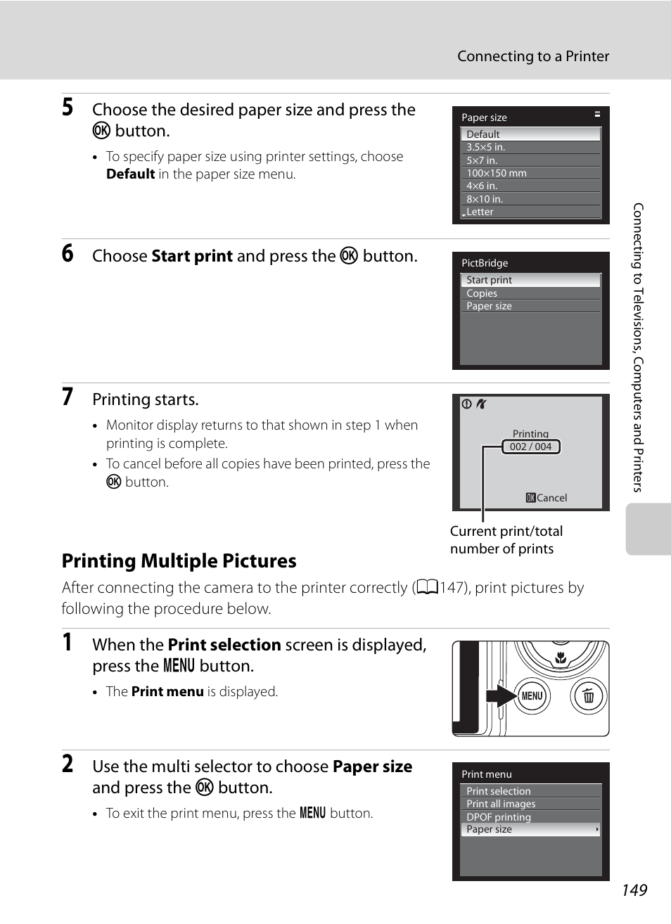 Printing multiple pictures, A149), Choose start print and press the k button | Printing starts | Nikon COOLPIX-P100 User Manual | Page 161 / 216