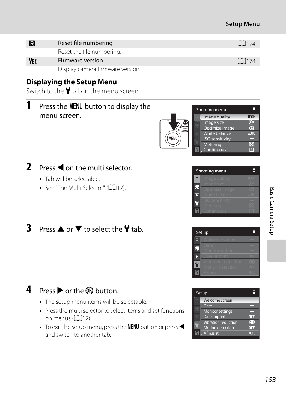 Displaying the setup menu, Press the d button to display the menu screen, Press j on the multi selector | Press h or i to select the z tab, Press k or the k button | Nikon COOLPIX-P100 User Manual | Page 165 / 216