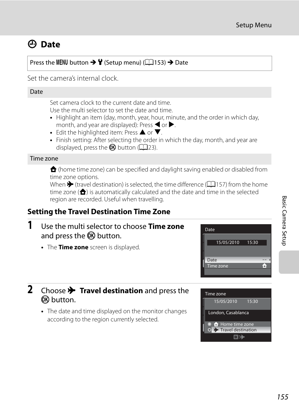 Date, D date, A155) | A155, Setting the travel destination time zone, Choose x travel destination and press the k button | Nikon COOLPIX-P100 User Manual | Page 167 / 216