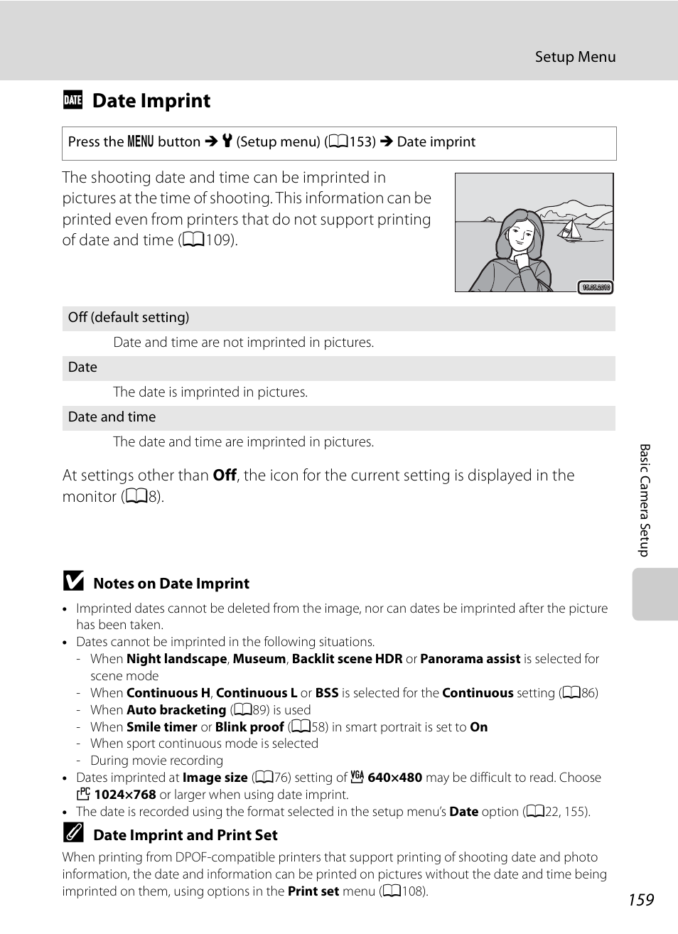 Date imprint, F date imprint, A159) | A159 | Nikon COOLPIX-P100 User Manual | Page 171 / 216