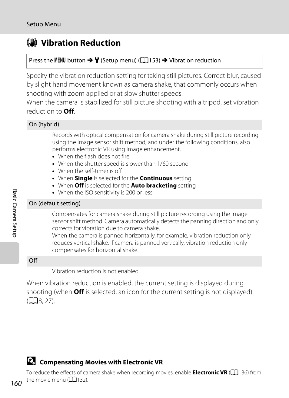 Vibration reduction, G vibration reduction, A160) | A160 | Nikon COOLPIX-P100 User Manual | Page 172 / 216