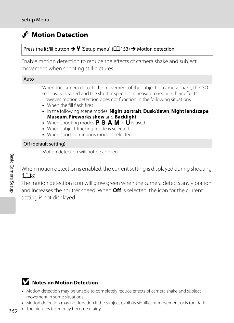 Motion detection, U motion detection, A162 | Nikon COOLPIX-P100 User Manual | Page 174 / 216