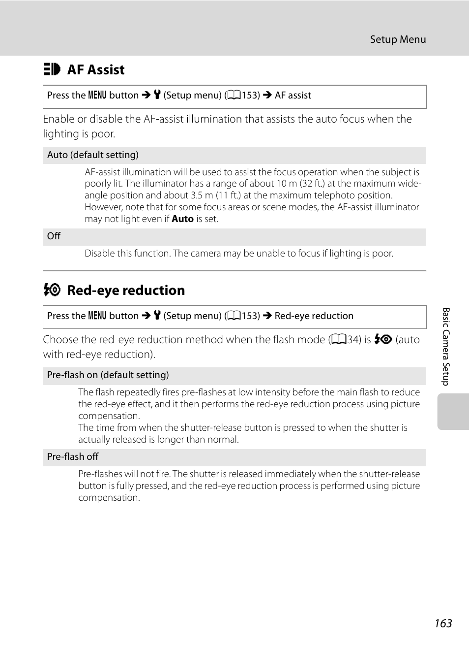 Af assist, Red-eye reduction, H af assist k red-eye reduction | A163), A163, H af assist, K red-eye reduction | Nikon COOLPIX-P100 User Manual | Page 175 / 216