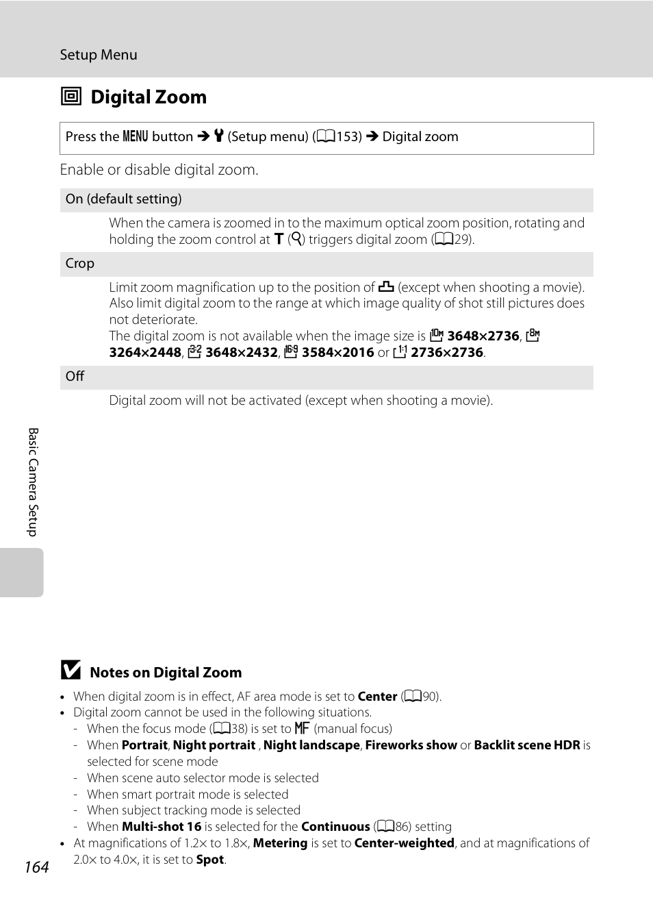 Digital zoom, U digital zoom, A164 | See “notes on digital zoom, A164) fo, A164) | Nikon COOLPIX-P100 User Manual | Page 176 / 216