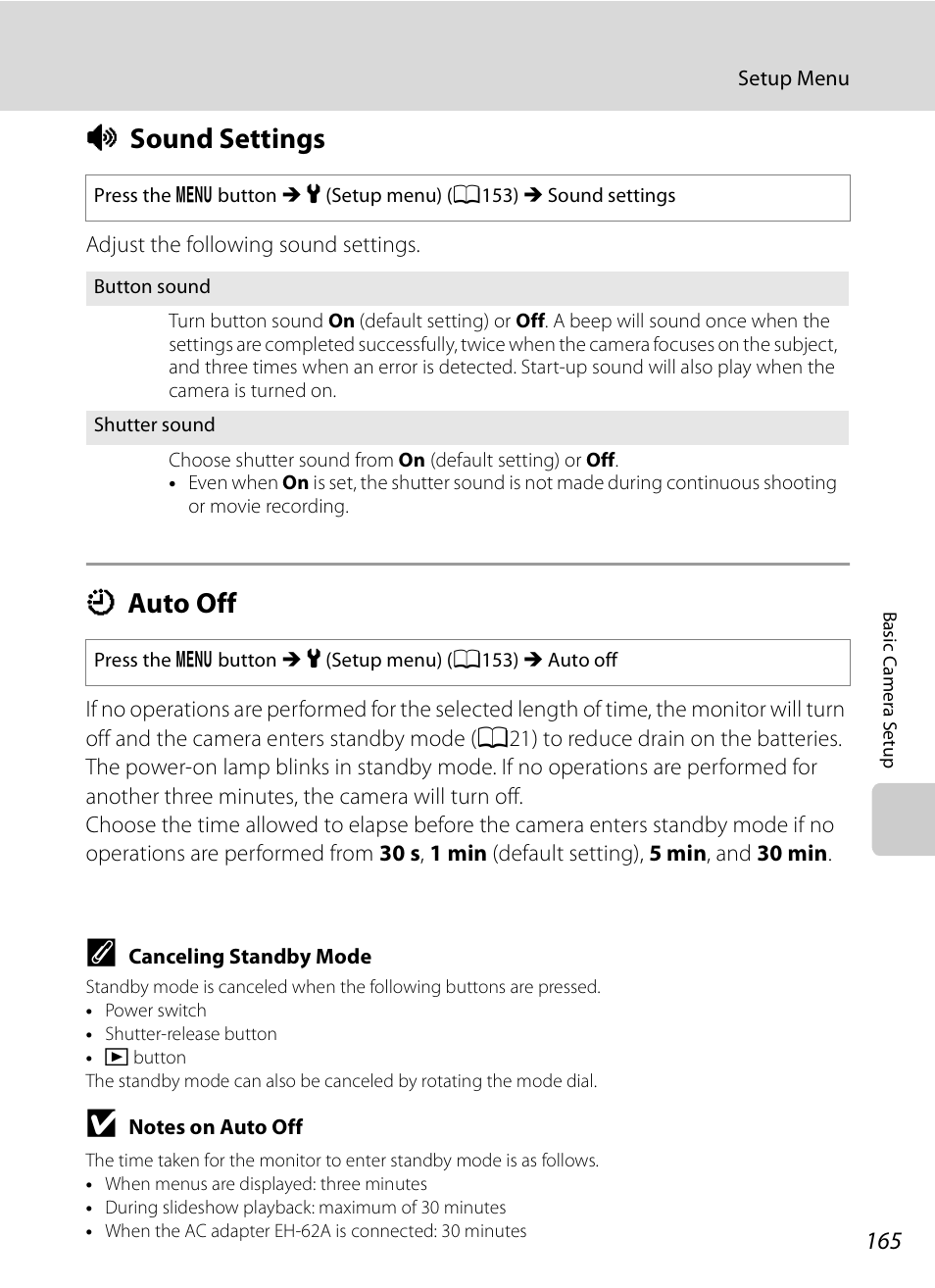 Sound settings, Auto off, I sound settings k auto off | A165), A165, I sound settings, K auto off | Nikon COOLPIX-P100 User Manual | Page 177 / 216