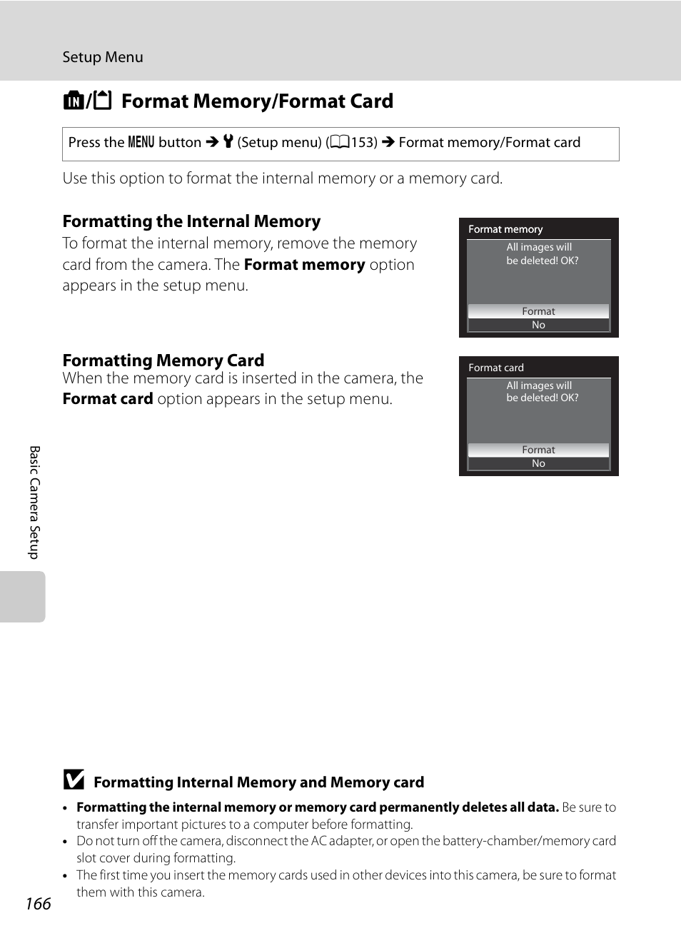 Format memory/format card, L/m format memory/format card, A166) | A166 | Nikon COOLPIX-P100 User Manual | Page 178 / 216