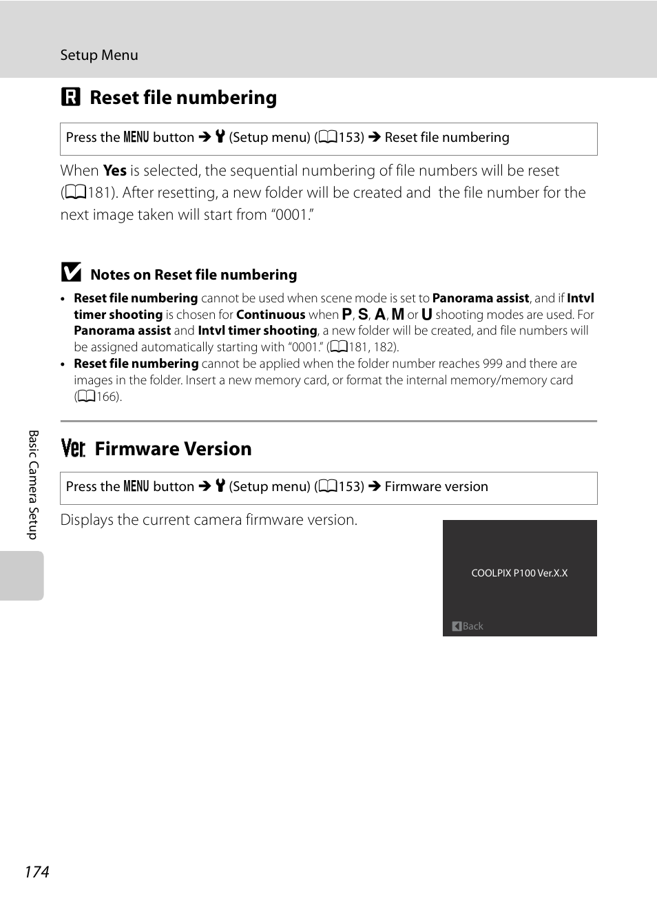 Reset file numbering, Firmware version, P reset file numbering r firmware version | A174, P reset file numbering, R firmware version | Nikon COOLPIX-P100 User Manual | Page 186 / 216