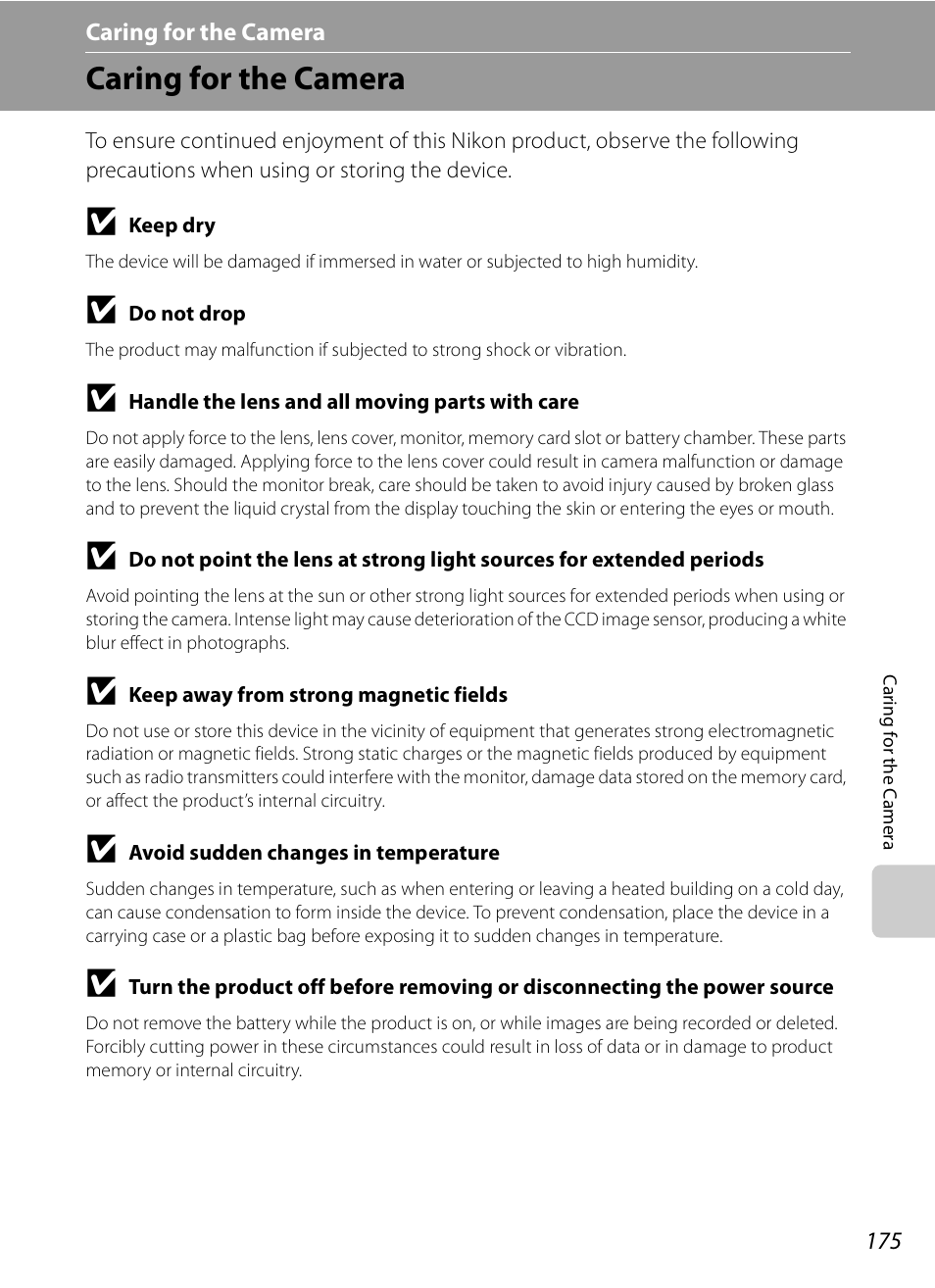 Caring for the camera, Caring for the, Camera | Nikon COOLPIX-P100 User Manual | Page 187 / 216