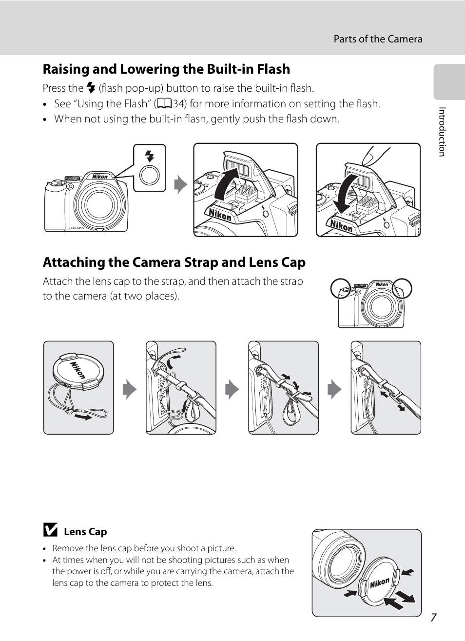 Raising and lowering the built-in flash, Attaching the camera strap and lens cap | Nikon COOLPIX-P100 User Manual | Page 19 / 216