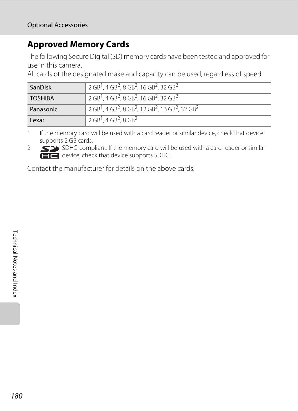 Approved memory cards, A180) | Nikon COOLPIX-P100 User Manual | Page 192 / 216