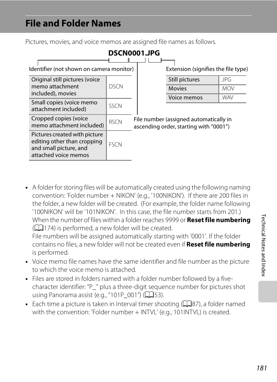 File and folder names, See “file and folder names, A181) | A181, 18, Dscn0001.jpg | Nikon COOLPIX-P100 User Manual | Page 193 / 216
