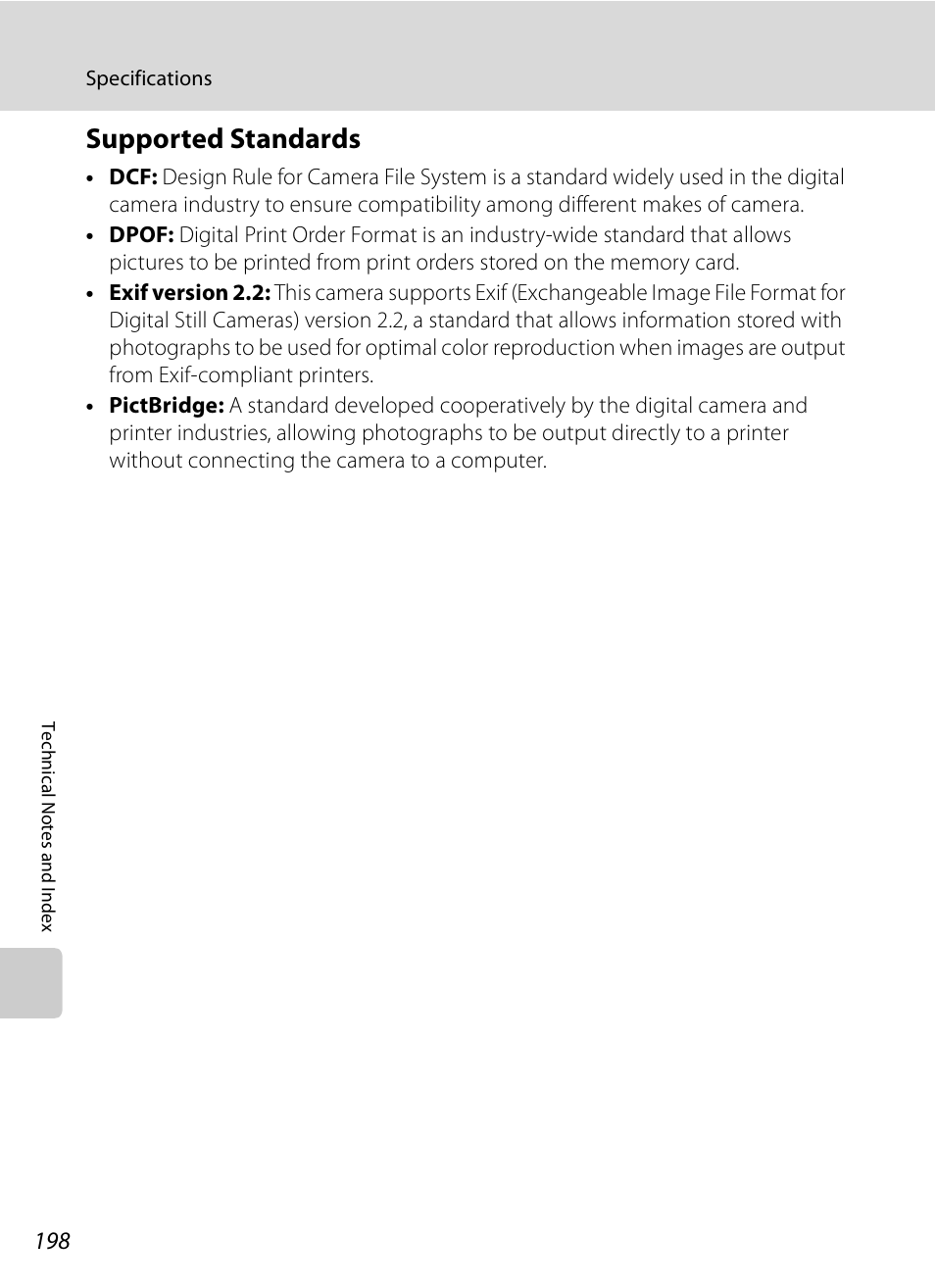 Supported standards, A198, A198) | A198) p | Nikon COOLPIX-P100 User Manual | Page 210 / 216