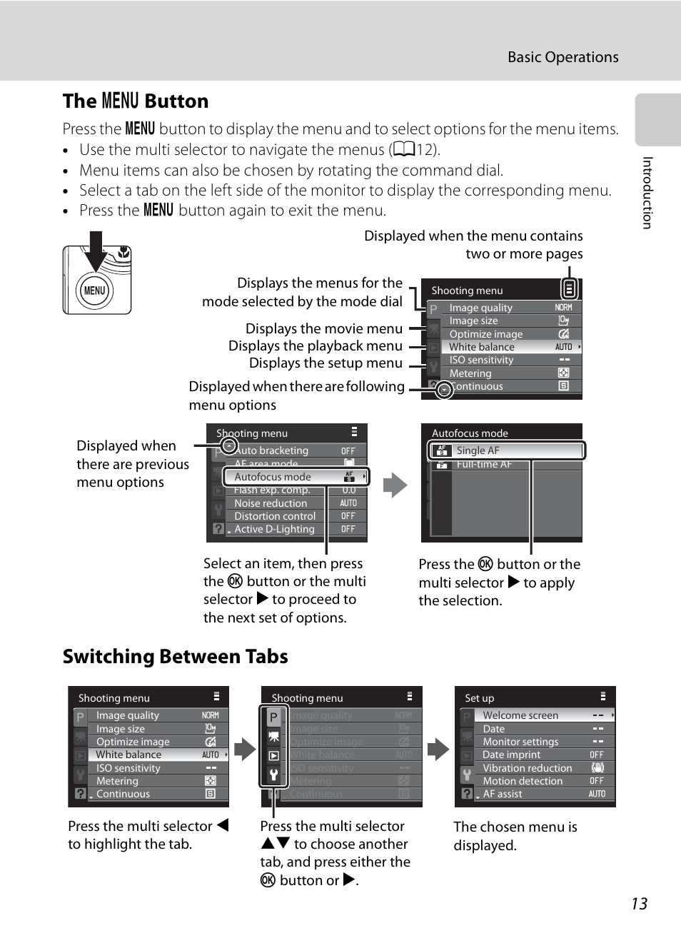 The menu button, Switching between tabs, D button | The d button | Nikon COOLPIX-P100 User Manual | Page 25 / 216