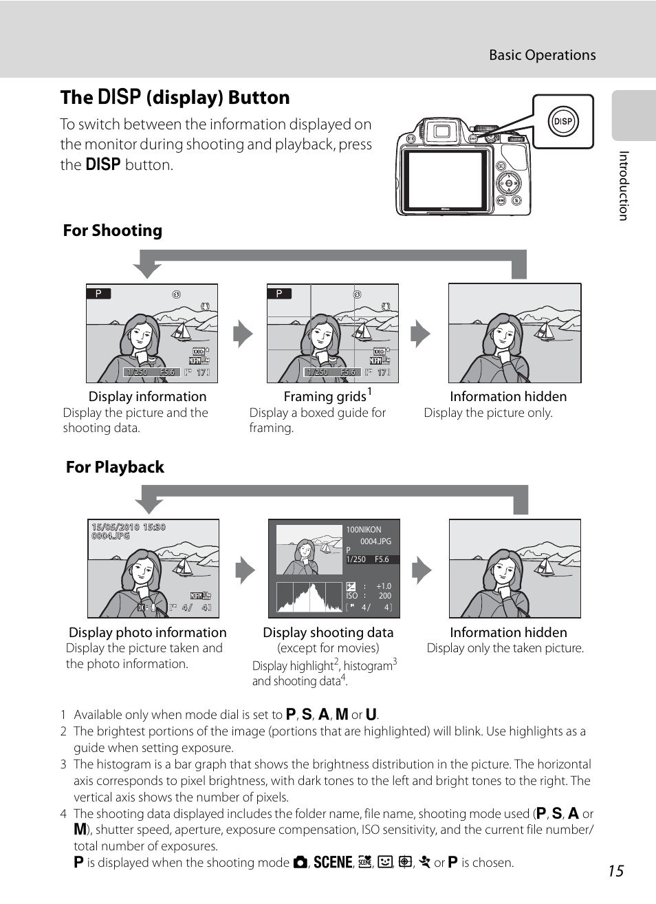 The display button, S (display) button, The s (display) button | For shooting, For playback, Basic operations, Display information, Framing grids, Information hidden, Display photo information | Nikon COOLPIX-P100 User Manual | Page 27 / 216