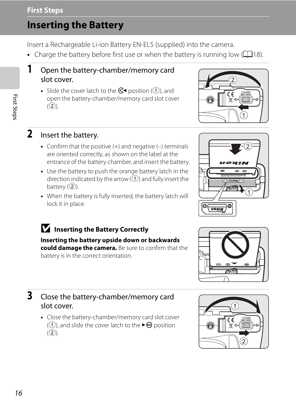 First steps, Inserting the battery | Nikon COOLPIX-P100 User Manual | Page 28 / 216