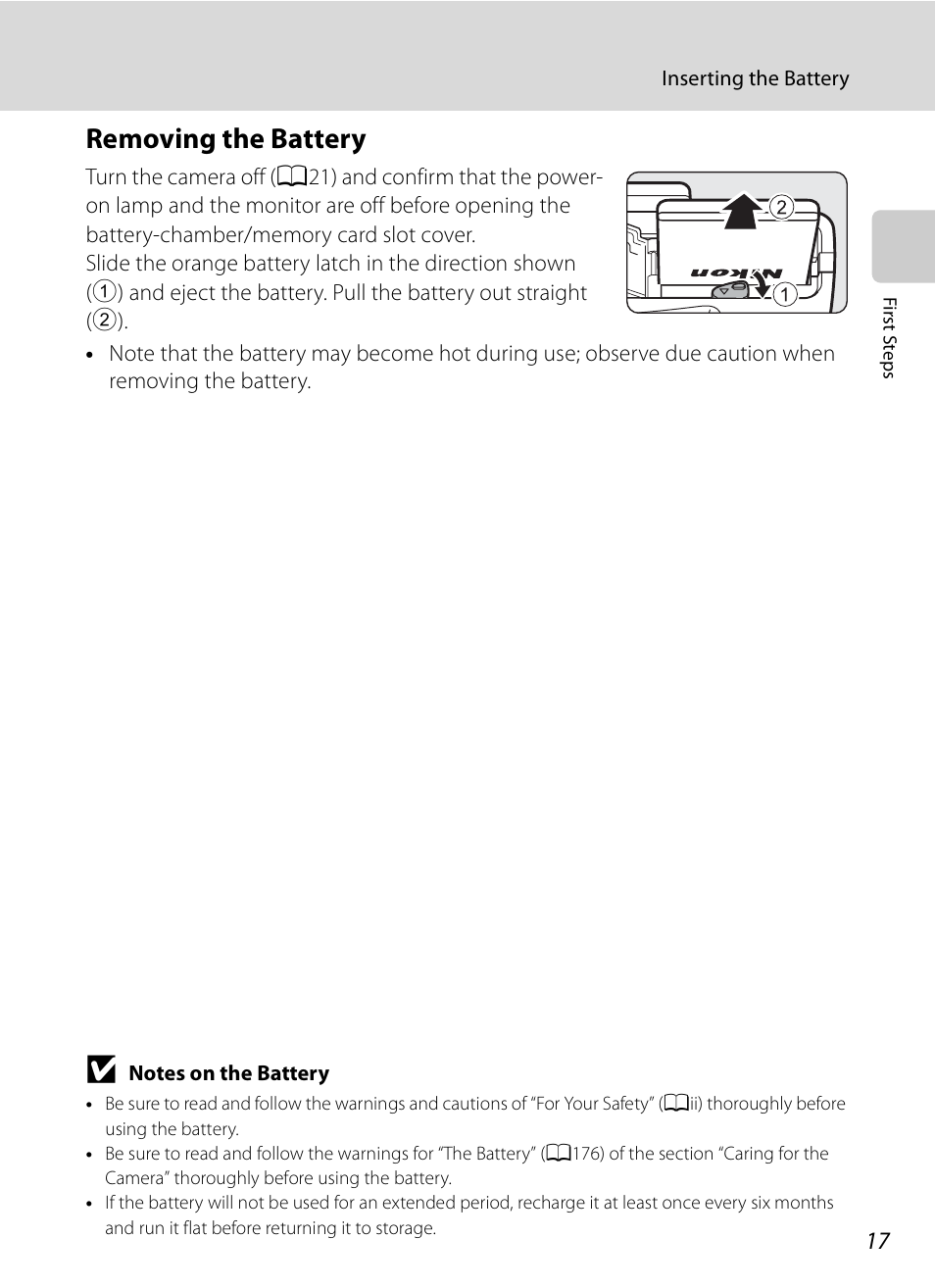 Removing the battery | Nikon COOLPIX-P100 User Manual | Page 29 / 216