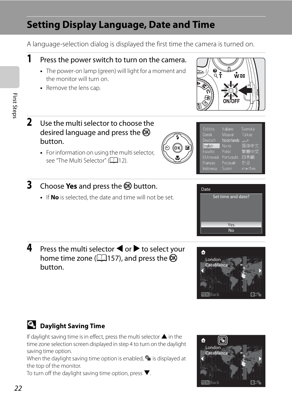 Setting display language, date and time | Nikon COOLPIX-P100 User Manual | Page 34 / 216