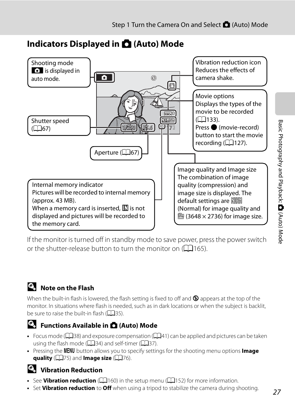 Indicators displayed in auto mode, Indicators displayed in a (auto) mode | Nikon COOLPIX-P100 User Manual | Page 39 / 216