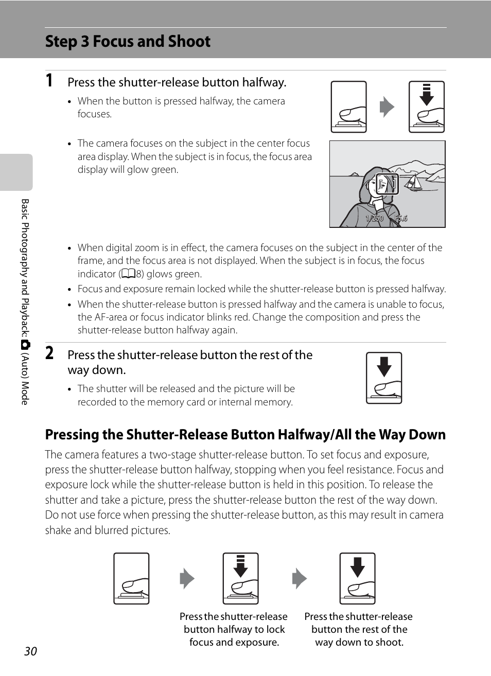 Step 3 focus and shoot, Press the shutter-release button halfway | Nikon COOLPIX-P100 User Manual | Page 42 / 216