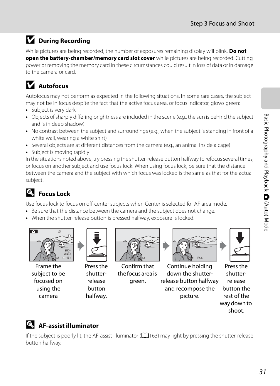 Step 3 focus and shoot, During recording, Autofocus | Focus lock, Af-assist illuminator | Nikon COOLPIX-P100 User Manual | Page 43 / 216