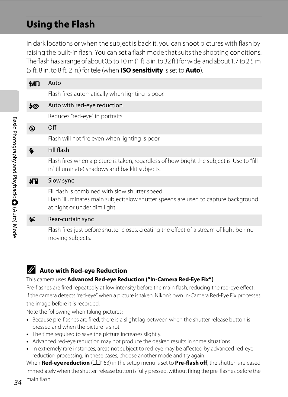 Using the flash, A34) men, A34) and | Nikon COOLPIX-P100 User Manual | Page 46 / 216