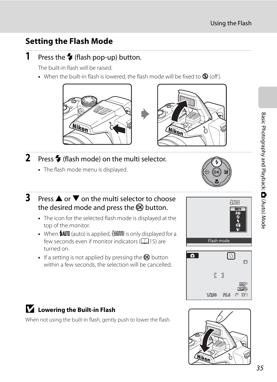 Setting the flash mode, A35), Press the m (flash pop-up) button | Press m (flash mode) on the multi selector | Nikon COOLPIX-P100 User Manual | Page 47 / 216