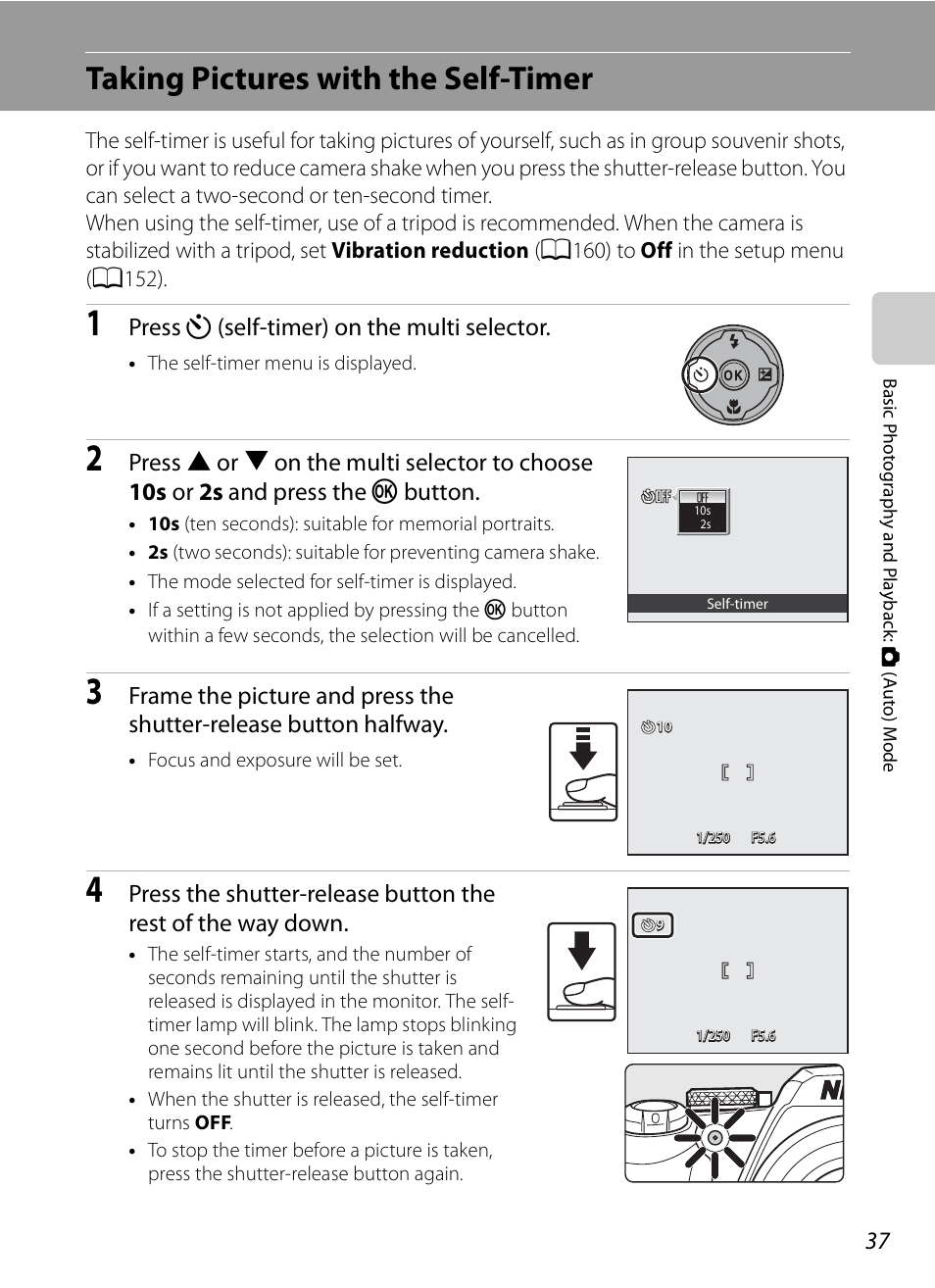 Taking pictures with the self-timer, A37), Press n (self-timer) on the multi selector | Nikon COOLPIX-P100 User Manual | Page 49 / 216