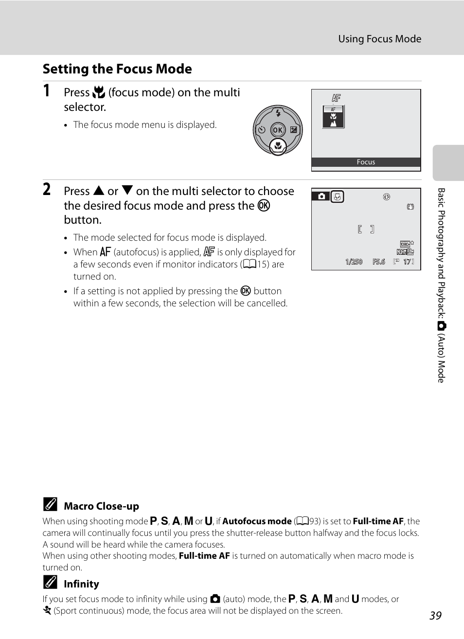 Setting the focus mode, Press p (focus mode) on the multi selector | Nikon COOLPIX-P100 User Manual | Page 51 / 216