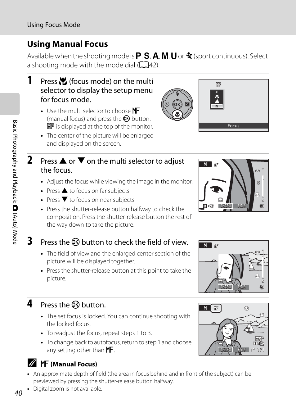 Using manual focus, A40), Press the k button to check the field of view | Press the k button | Nikon COOLPIX-P100 User Manual | Page 52 / 216