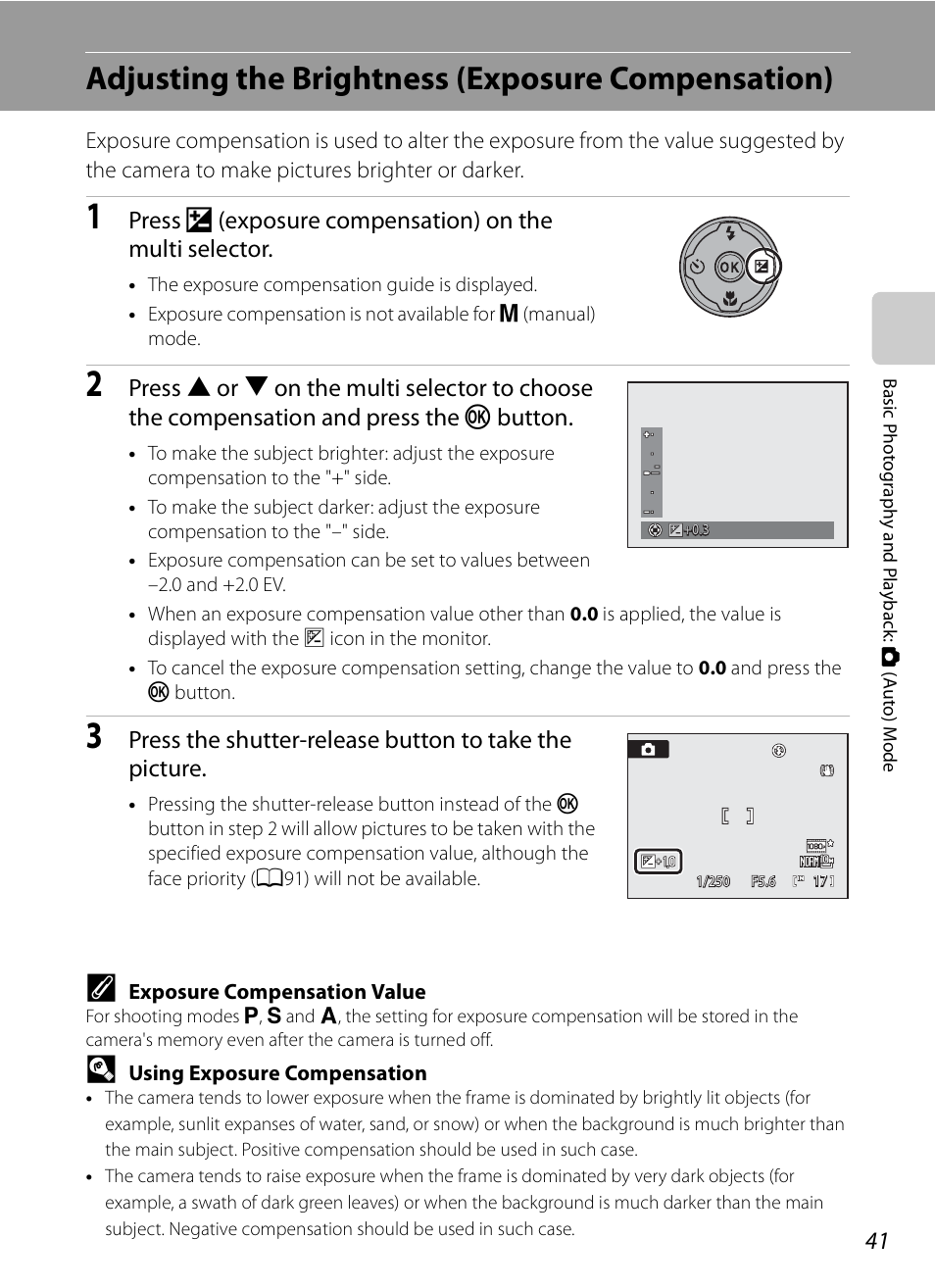 Adjusting the brightness (exposure compensation), A41) gu, A41) | Nikon COOLPIX-P100 User Manual | Page 53 / 216
