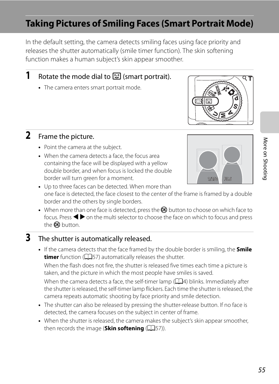 A55), Rotate the mode dial to f (smart portrait), Frame the picture | The shutter is automatically released | Nikon COOLPIX-P100 User Manual | Page 67 / 216
