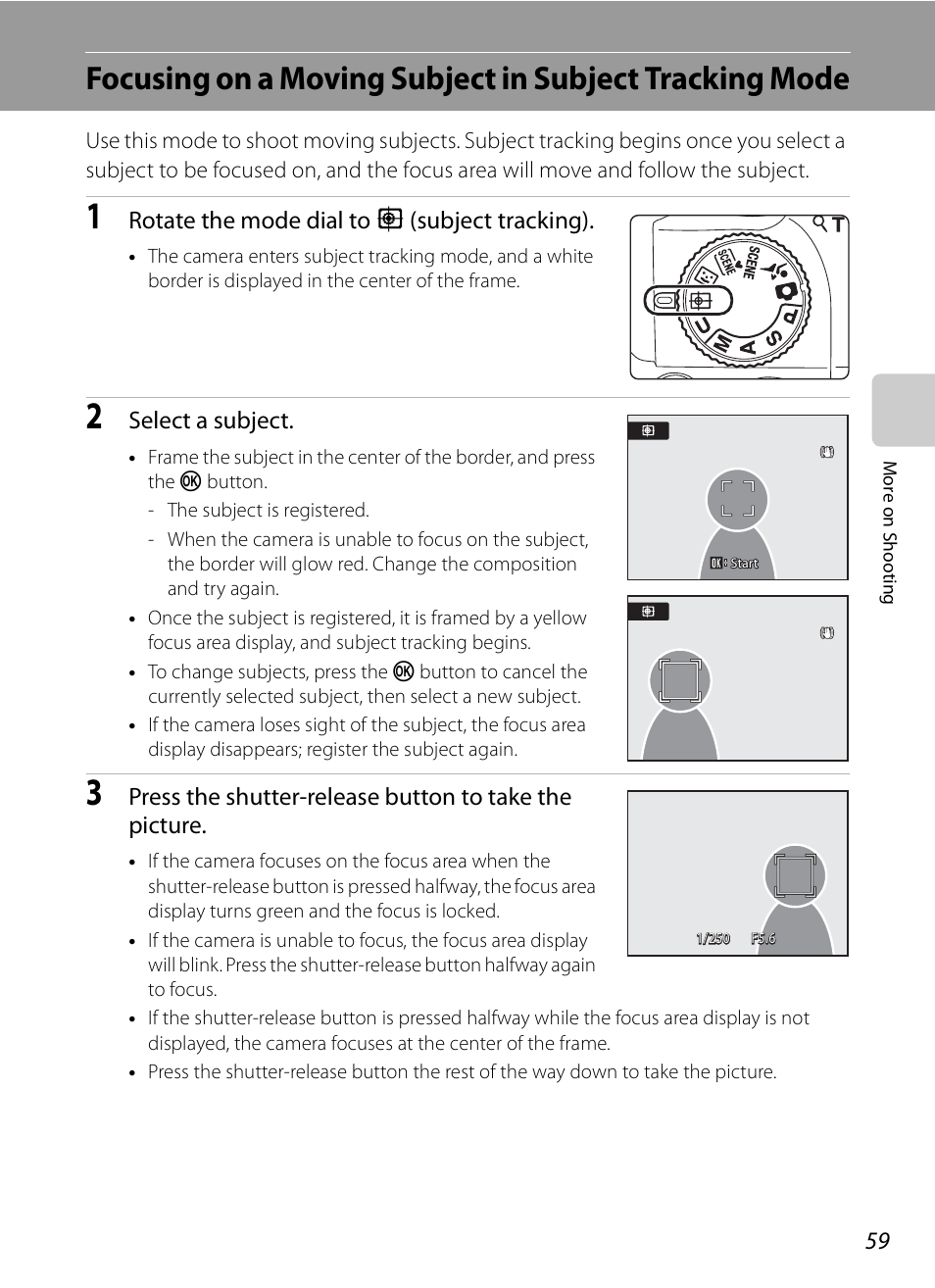 A59), Rotate the mode dial to s (subject tracking), Select a subject | Nikon COOLPIX-P100 User Manual | Page 71 / 216