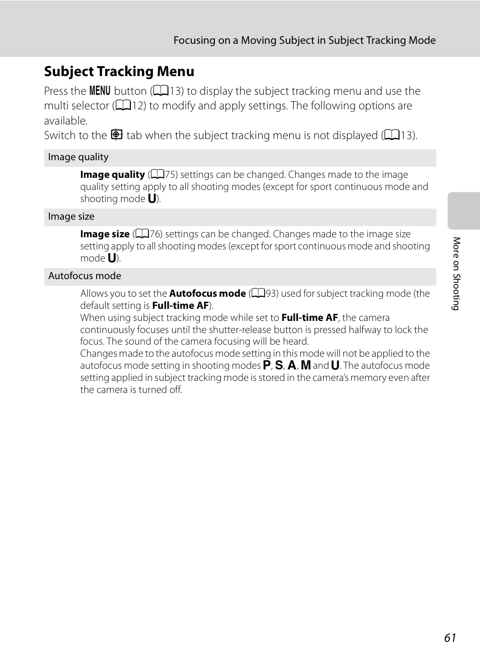 Subject tracking menu | Nikon COOLPIX-P100 User Manual | Page 73 / 216