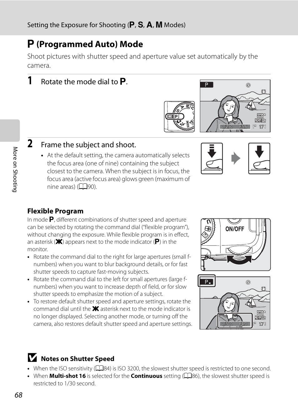 P (programmed auto) mode, A (programmed auto) mode, Rotate the mode dial to a | Frame the subject and shoot | Nikon COOLPIX-P100 User Manual | Page 80 / 216